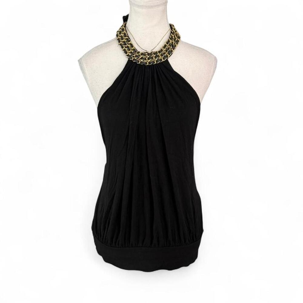 Black high neck Y2K halter top tie back beaded neck detail Size XS 2000s sky